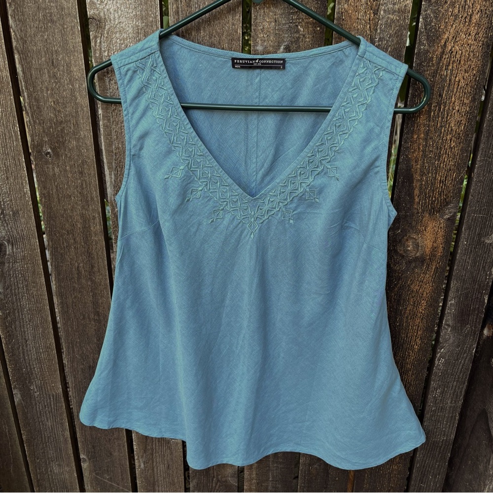 Peruvian Connection Provence Linen Cotton Blend Embroidered Tank Top Sz S